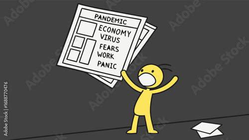 Cartoon illustration of a person overwhelmed by news about pandemic economy virus fears work and panic.