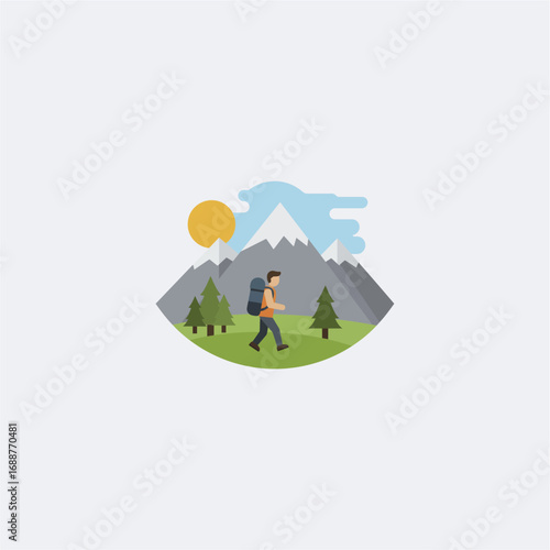 An illustration of a hiker with a backpack walking through a mountainous landscape with trees under a sunny sky.