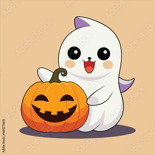 Cute Ghost with Halloween Pumpkin