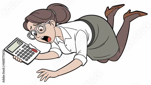 Cartoon illustration of a surprised woman looking at a calculator.