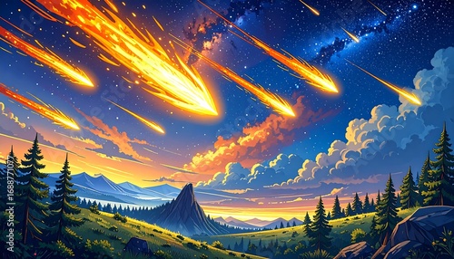Meteors over a mountain landscape