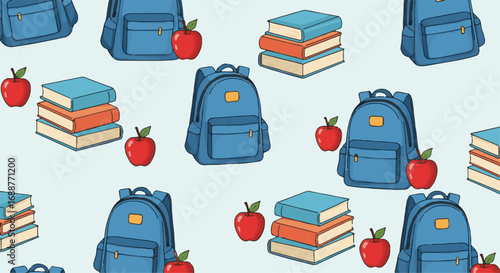 Seamless pattern of school backpacks, books, and red apples. Vibrant illustration for education and back-to-school concepts.