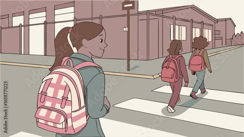 Children walking to school cartoon illustration back to school kids with backpacks crossing the street safety education friendship students school building childhood happy vector art.