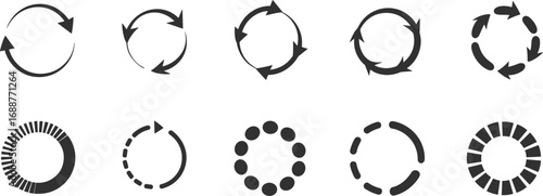 Loading icons, circular arrows, refresh symbol, update design, progress indicator, rotation sign, loop icon, cycle motion, reload element, spinner graphics