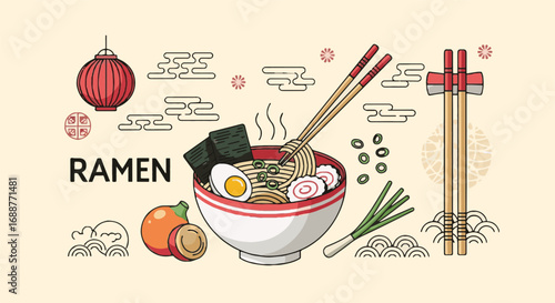Vibrant illustrated ramen noodle soup in a bowl with chopsticks, egg, scallions, and traditional Asian elements. Food concept.