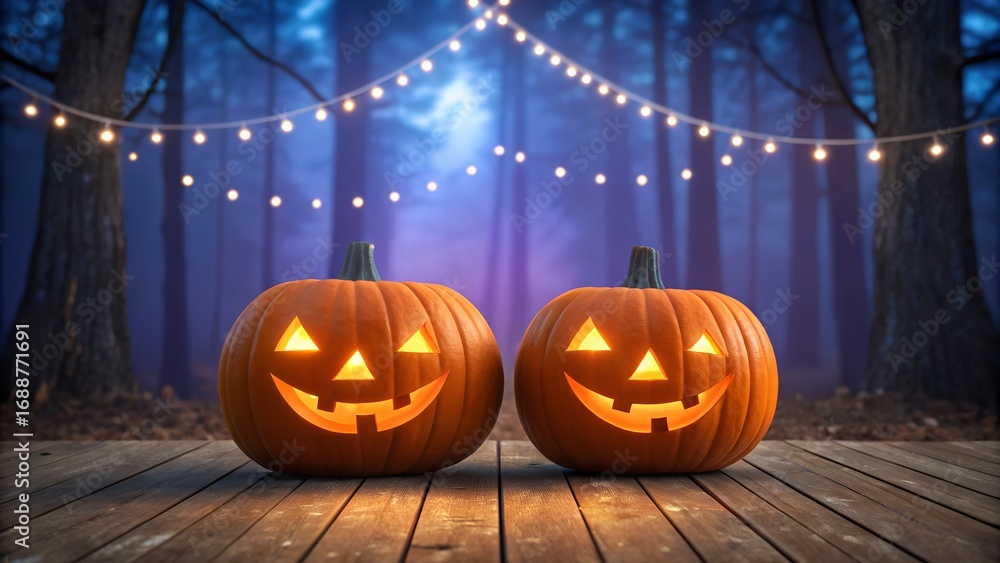 Fototapeta premium Two Carved Halloween Pumpkins with Glowing Faces in a Misty Forest at Night jack-o-lanterns