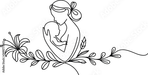 Mother holding baby line art illustration, motherhood design, floral decorative vector, maternal love concept, black white drawing outline