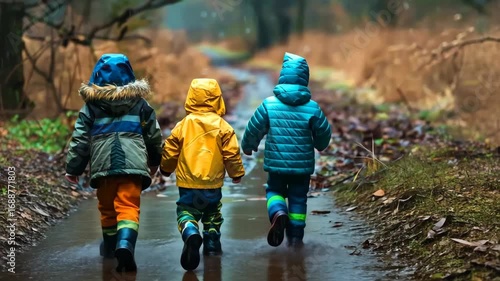 Two young children are walking down a muddy path in the woods. They are both wearing raincoats and holding hands. The scene is peaceful and quiet, with the sound of raindrops falling on the leaves
