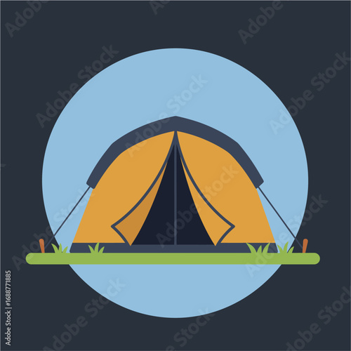 Illustration of a yellow camping tent with open flaps, set against a light blue circle and dark background.