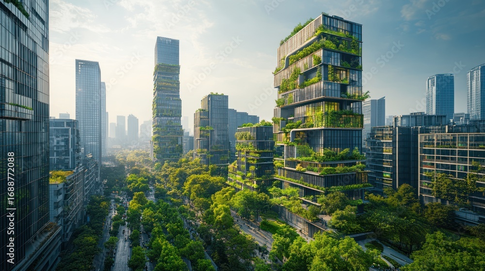 Obraz premium Visionary green cityscape with thriving vertical gardens on modern architecture