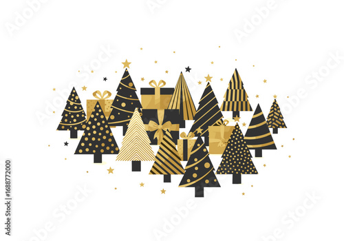 Elegant collection of festive black and gold christmas trees and gift boxes creating a luxurious seasonal holiday design