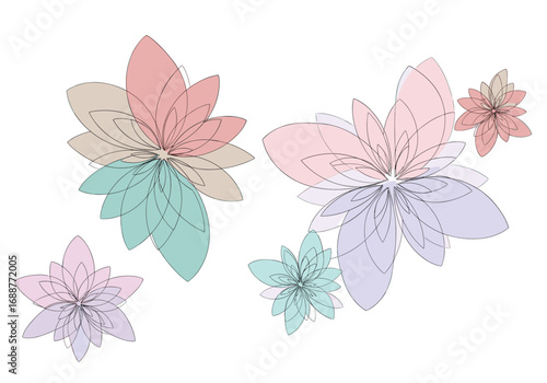 Abstract watercolor petal forms arranged artfully with soft pastel hues delicate floral motifs scattered gracefully