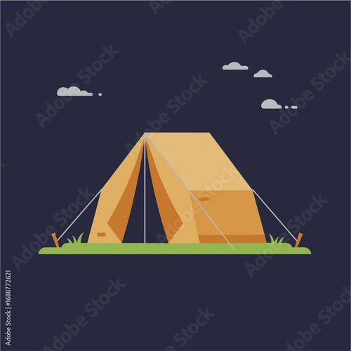 Simple illustration of a beige camping tent on a grassy area at night.