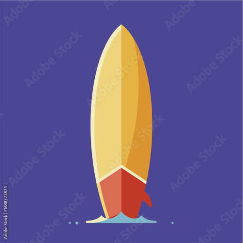 Stylized illustration of a yellow and red surfboard in the water.