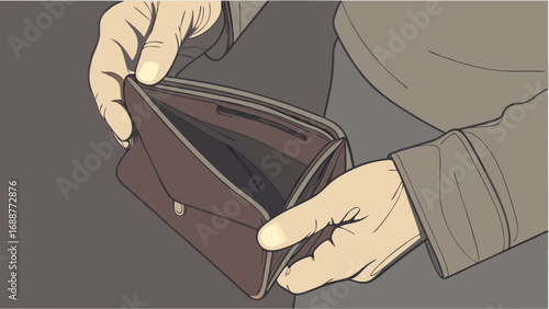 Empty Wallet Hands Holding Open Purse Financial Difficulty Broke Poverty Illustration Design Graphic Concept Vector No Money Expense Budget Debt Crisis Savings Finance Economy Recession Struggle Need.