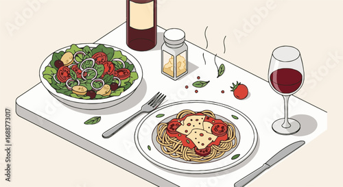 Flat Lay Isometric Illustration: Classic Italian Dinner with Spaghetti, Melted Cheese, Fresh Mixed Salad, and Red Wine.
