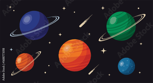 Colorful cartoon planets, stars, and comets in deep space. Vibrant vector illustration of a cosmic solar system background, astronomy concept.