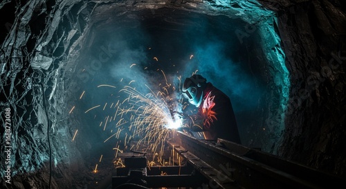 “Dramatic cinematic photography of a welder in protective suit and mask, sparks lighting the dark mining environment, smoke-filled atmosphere, ultra-detailed, full HD.”