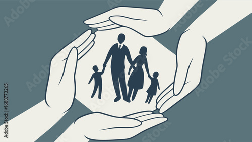 Family Protected by Hands Care Security Support Safe Love Parents and Children Vector Illustration.