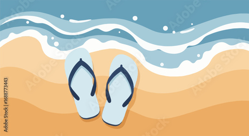 Relaxing summer beach scene with light blue flip-flops on golden sand and gentle ocean waves. Vacation, travel, and leisure concept illustration.