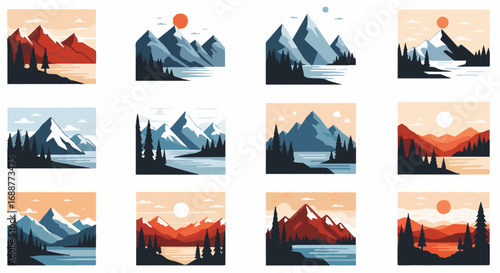 Vector landscape illustration set of stylized mountains, lakes, and forests. Minimalist nature scenes with sun and trees.