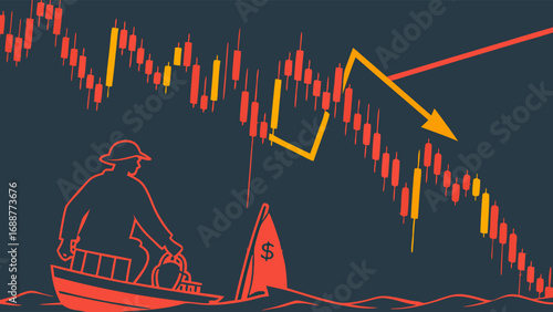 Financial crisis concept boat in stormy sea market crash economic downturn business risk investment loss stock market decline falling prices red candlesticks financial instability economic recession .