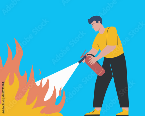 A man using a fire extinguisher to put out a dangerous blaze. Vector illustration concept for emergency preparedness, safety training, and fire prevention