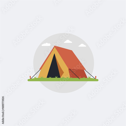 A simple illustration of a camping tent pitched on grassy ground, under a cloudy sky.