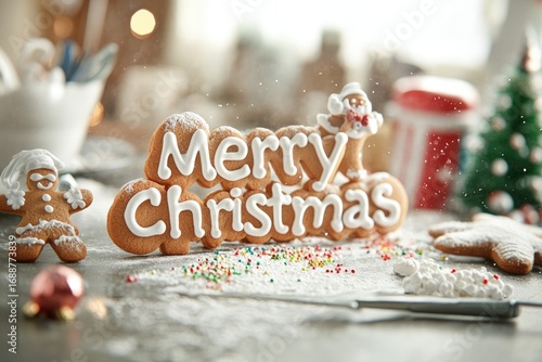 Festive cookie letters arranged on floured table for merry christmas celebration