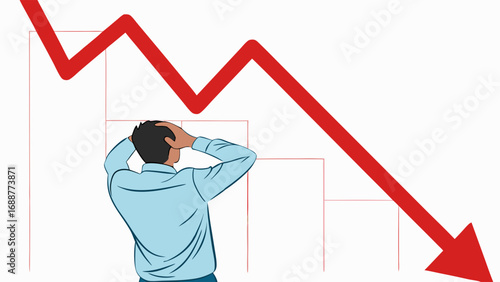 Financial crisis illustration businessman stressed by falling graph economic downturn concept business failure stock market crash recession investment loss downward trend chart decline financial inst.