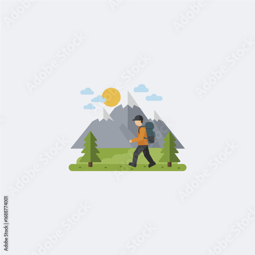 A flat illustration of a hiker with a backpack walking in a mountain landscape with trees and sun.