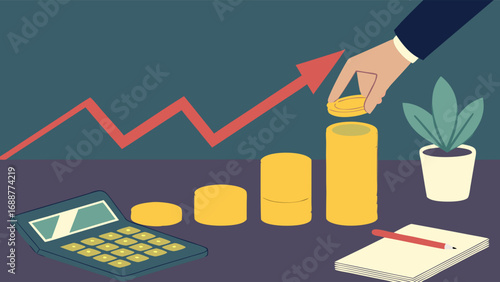Financial growth investment savings increasing profits business success money coins calculator graph chart upward trend progress wealth prosperity economy finance accounting banking budget planning s.