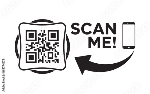 An isolated black and white vector graphic featuring a quick response code with an arrow, a mobile device icon, and a call to action text to scan
