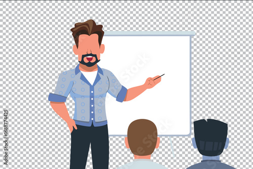 Office Presentation Scene. Vector cartoon illustration of a businessman with beard presenting ideas on whiteboard to team. Transparent background, editable file.