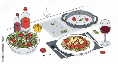 Gourmet Italian Meal Preparation Illustration: Healthy Pasta, Fresh Salad, Wine, and Ingredients on Kitchen Counter