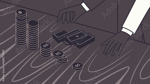 Gambling chips and money on a table stylized illustration flat design game betting casino wealth finance richness success luxury business investment risk chance poker blackjack online game gambling a.
