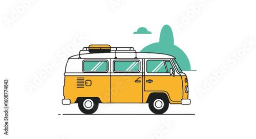 Retro yellow camper van illustration for summer road trip adventure. Vintage travel vehicle with roof rack in flat design.
