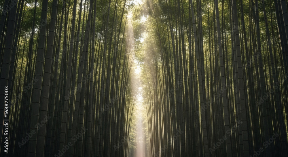 Naklejka premium Radiant sunlight piercing through a dense canopy of towering bamboo stalks, forming a natural serene pathway in a vibrant green forest, evoking peace and natural beauty