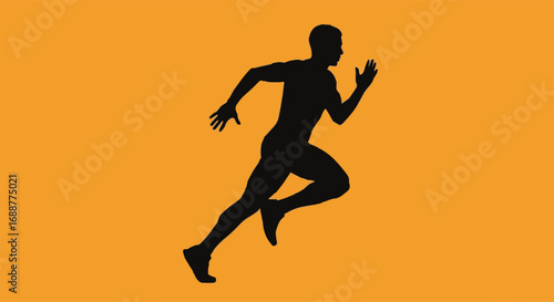 Dynamic silhouette of a male runner in full sprint against a vibrant orange background, representing speed, sport, and fitness.