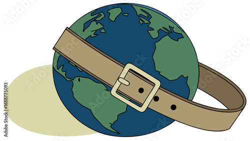 Global Issues Environmental Concerns Planet Earth Tight Budget Resource Management Belt Buckle World Map Sustainability Cartoon Illustration Graphic Design Concept Art Economical Crisis Financial Cha.