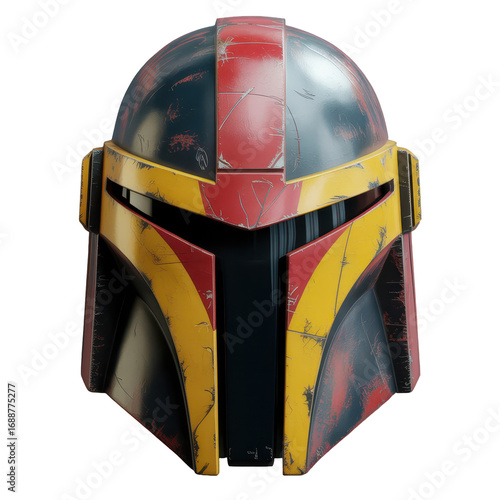 Battle-Worn Futuristic Helmet Against Dark Background