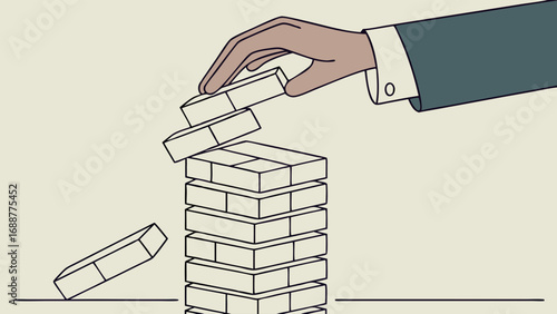 Hand placing block on tower of blocks strategy game concept illustration.