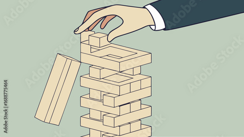 Hand placing wooden block on a tower strategy game concept illustration.