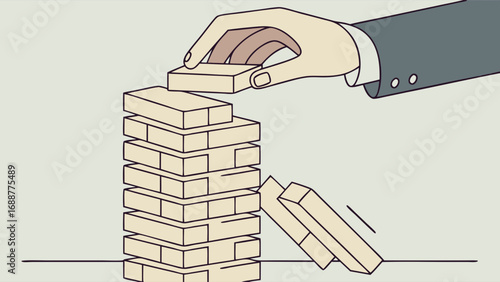 Hand placing wooden block on a tower risk strategy game concept illustration.
