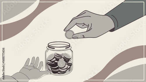 Hands depositing coins into a glass jar donation charity savings.