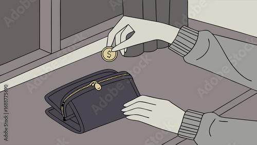 Hands putting a coin into a wallet minimalist illustration financial concept.