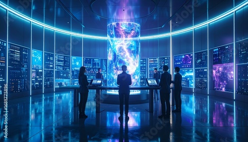 Futuristic control room with a central glowing orb