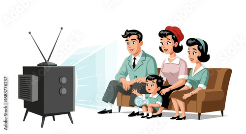 A charming retro cartoon illustration of a happy nuclear family from the 1950s watching television together