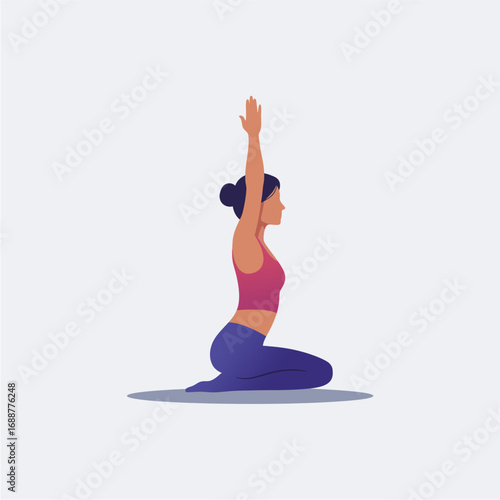 A woman in active yoga pose, kneeling with arms raised, practicing mindfulness and stretching.