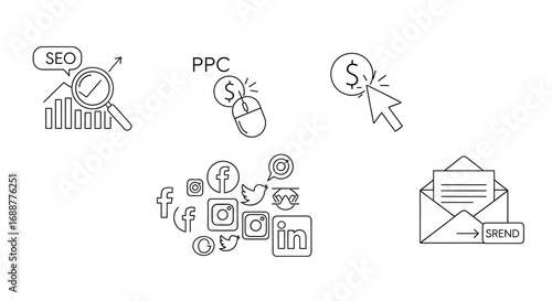 Marketing strategies A set of icons illustrating SEO, PPC, social media, and email marketing elements